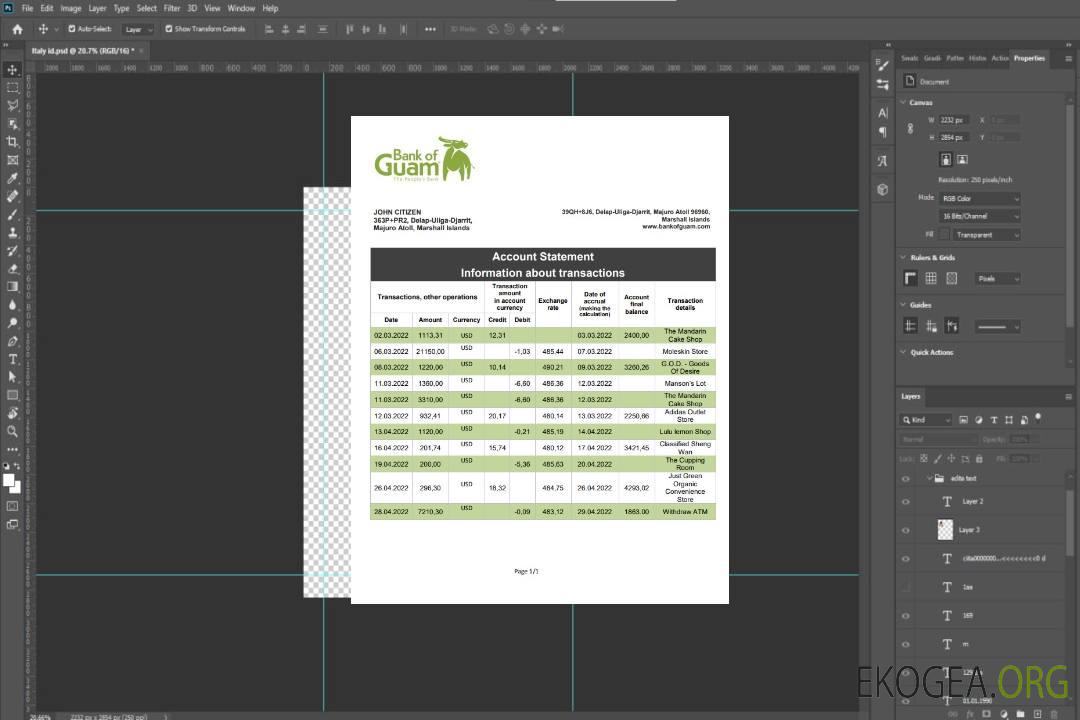 Relevé bancaire de la Banque des Îles Marshall de Guam template Relevé bancaire de la Banque des Îles Marshall de Guam template